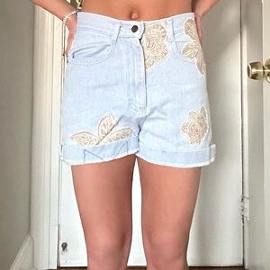 Women's Light Blue Floral Denim Shorts